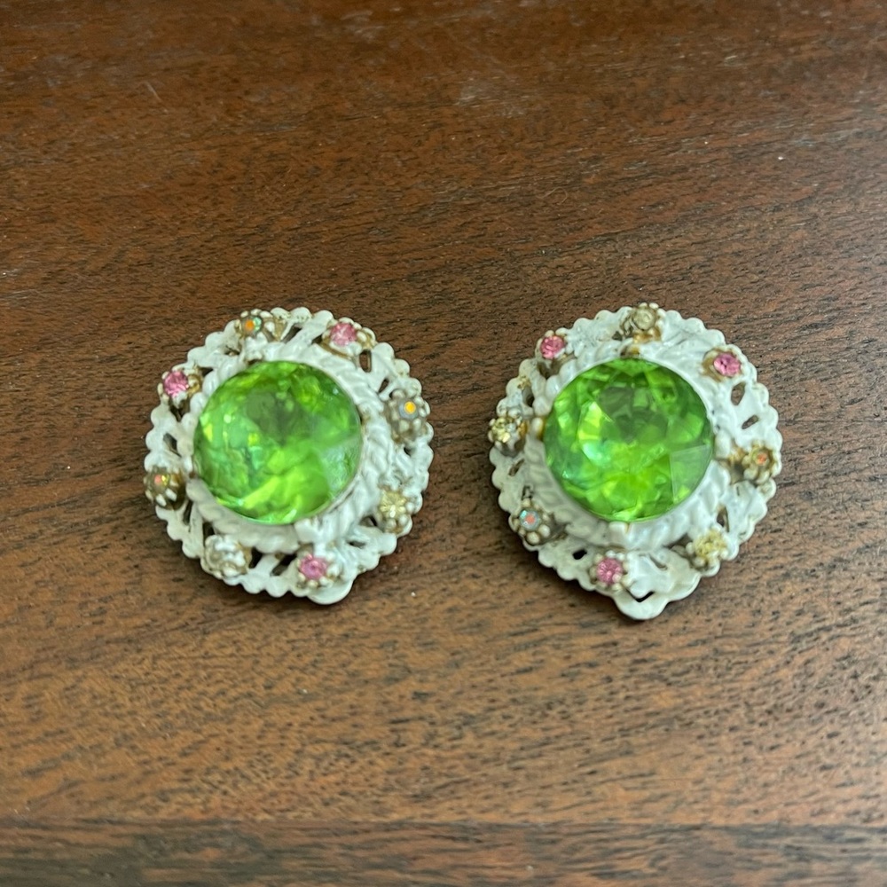Vintage Art Deco White & Green Rhinestone Clip On Earrings